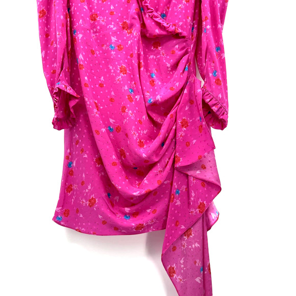 MAGDA BUTRYM Carlton Dress Ruched Mini Dress Hot Pink Silk Ruffles Floral Print - Picture 10 of 16